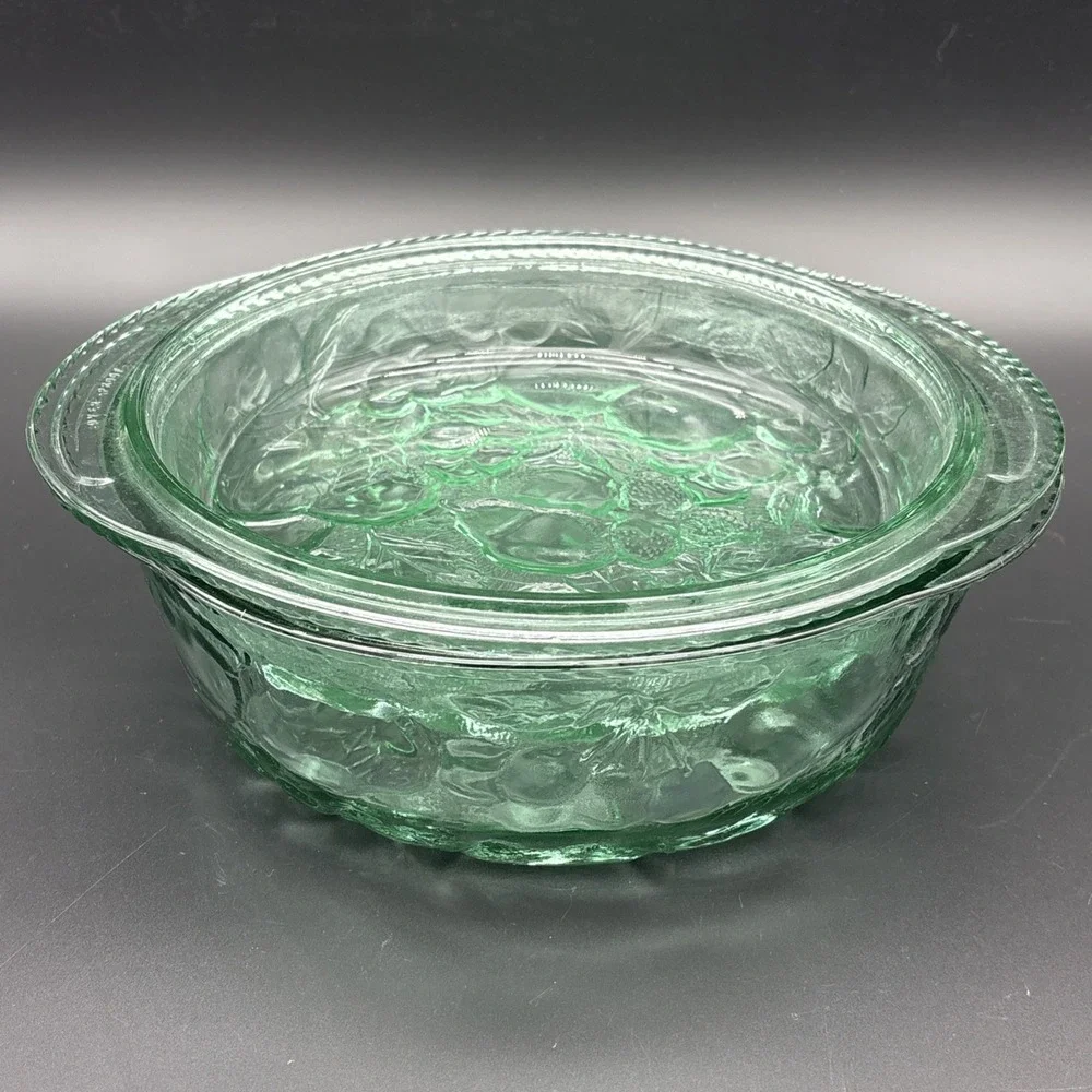 Vintage Libbey Orchard Fruit Green Glass 3-Quart Covered Casserole Ovenproof